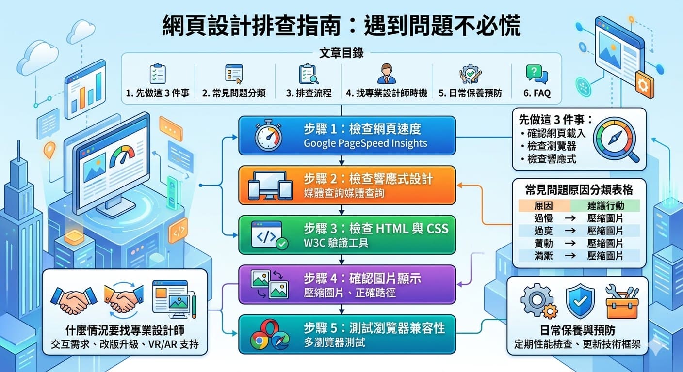 在進行網頁設計時，可能會遇到頁面加載過慢、響應不佳或圖片無法顯示等問題。這篇文章將帶你逐步檢查和排查常見的網頁設計問題，包括加速頁面加載速度、調整響應式設計、修復 HTML 和 CSS 錯誤等。了解這些常見原因並加以解決，能有效提升網站的使用體驗，避免錯失潛在客戶。