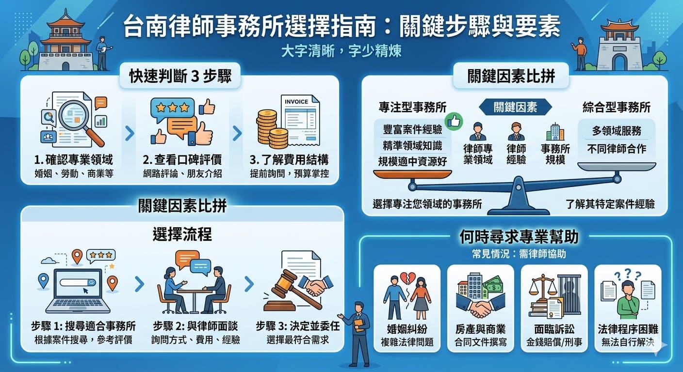 在選擇台南律師事務所時，了解事務所的專業領域、律師經驗及其口碑是非常重要的。無論是婚姻、商業還是勞動法律，選擇一個專精的律師事務所能讓你在法律問題中更得心應手。本文將提供實用的步驟與建議，幫助您快速篩選出最適合的台南律師事務所，並有效解決您的法律問題。